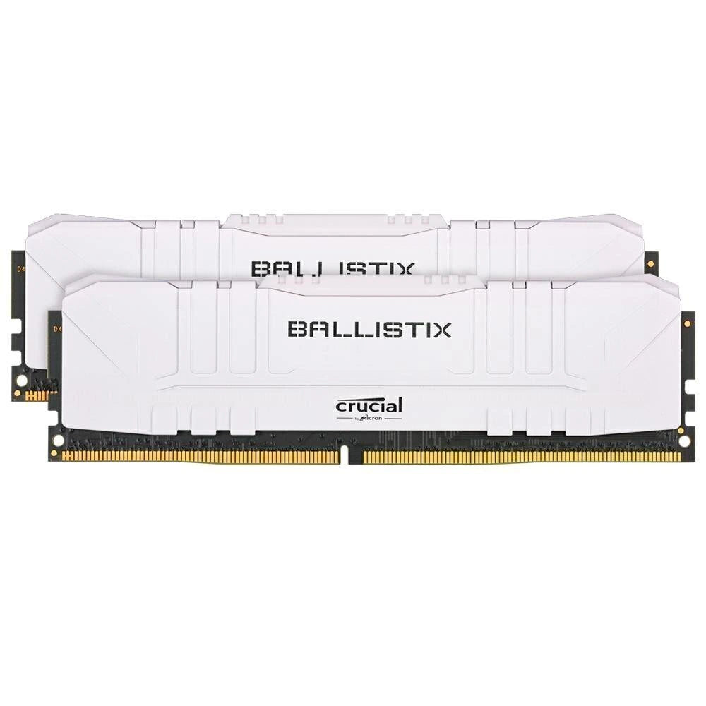Two white Crucial Ballistix RAM memory modules with gold-plated contacts, shown against a plain white background.