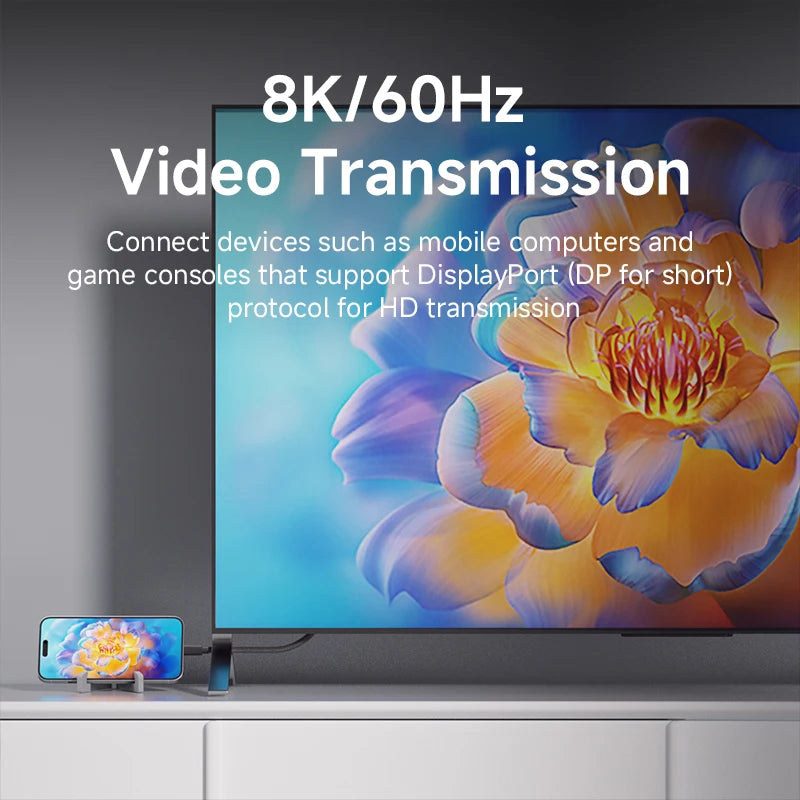 TV displaying a colorful flower image with text about 8K/60Hz video transmission.