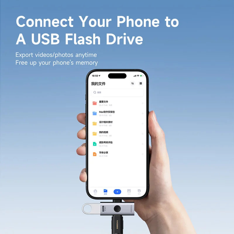 Hand holding a smartphone connected to a USB flash drive with text on a blue background