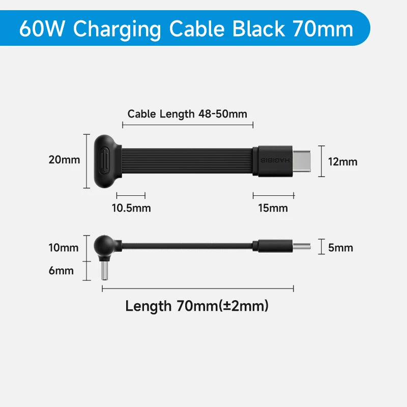 Measurement chart of a 60W charging cable with black connectors on a white background.