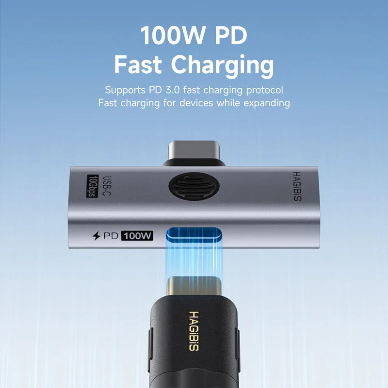 Fast charging adapter with '100W PD' text on a blue background