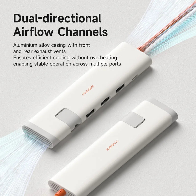 White USB hub with dual-directional airflow channels on a light gray background