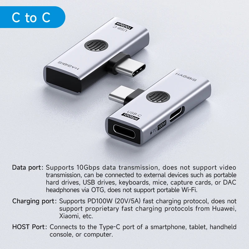 Two USB-C adapters on a light gray background with text detailing their features.