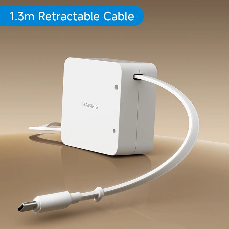 Retractable cable with a white adapter on a beige background