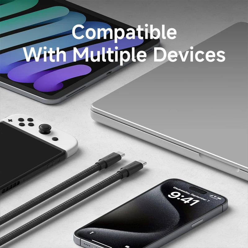 Product cable and adapter on a white surface with text 'Compatible With Multiple Devices'.