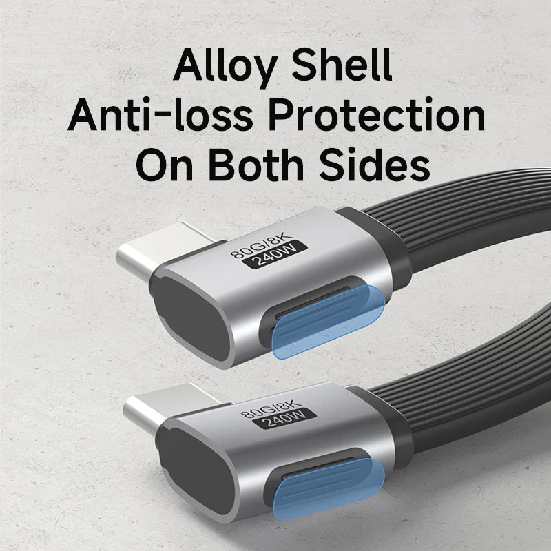 Two USB-C connectors with alloy shell and anti-loss protection on a light gray background.
