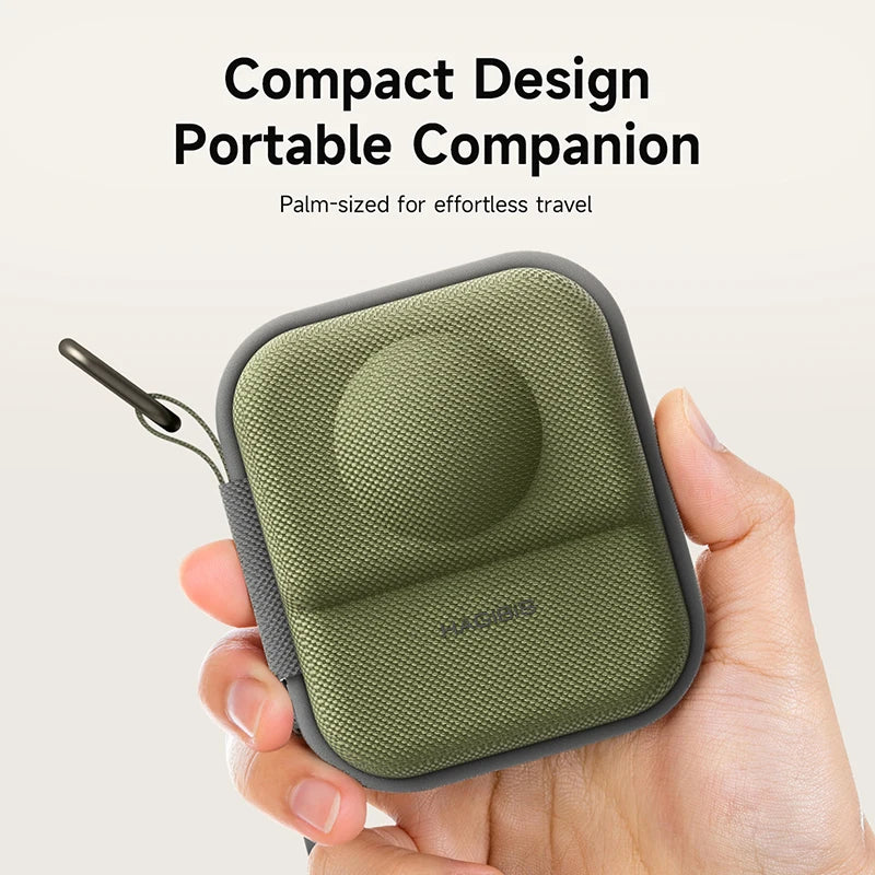 Green and gray compact pouch held in a hand with text 'Compact Design Portable Companion' on a light background