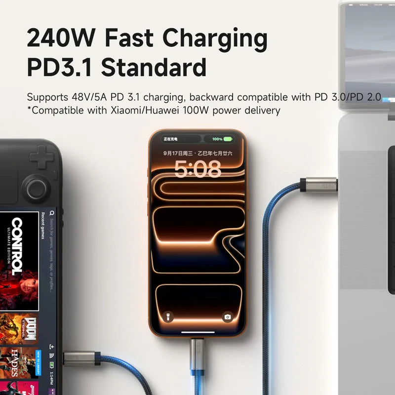 Phone with a charging cable and text about 240W fast charging and PD3.1 standard.