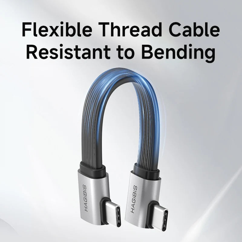 Flexible thread cable with metallic connectors on a gradient background