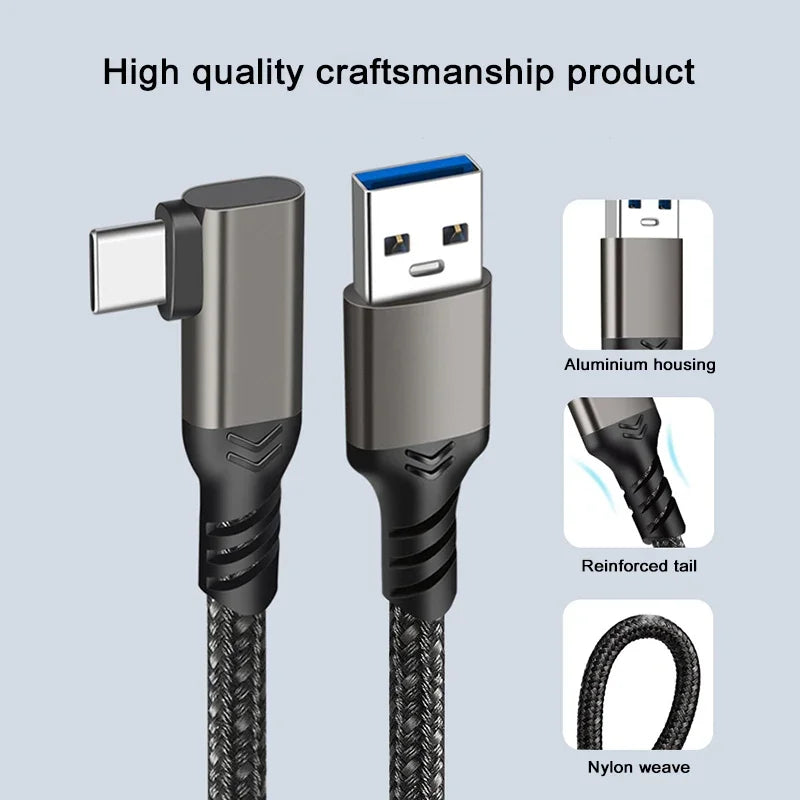 A right-angle USB-C to USB-C charging cable with an aluminium housing, braided black cable, and reinforced tail, shown with feature callout icons on a light gray background.