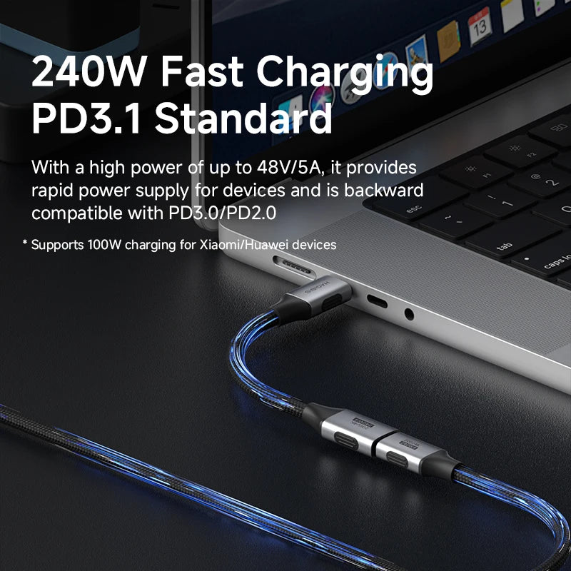 Laptop with a charging cable connected, highlighting 240W fast charging capability.