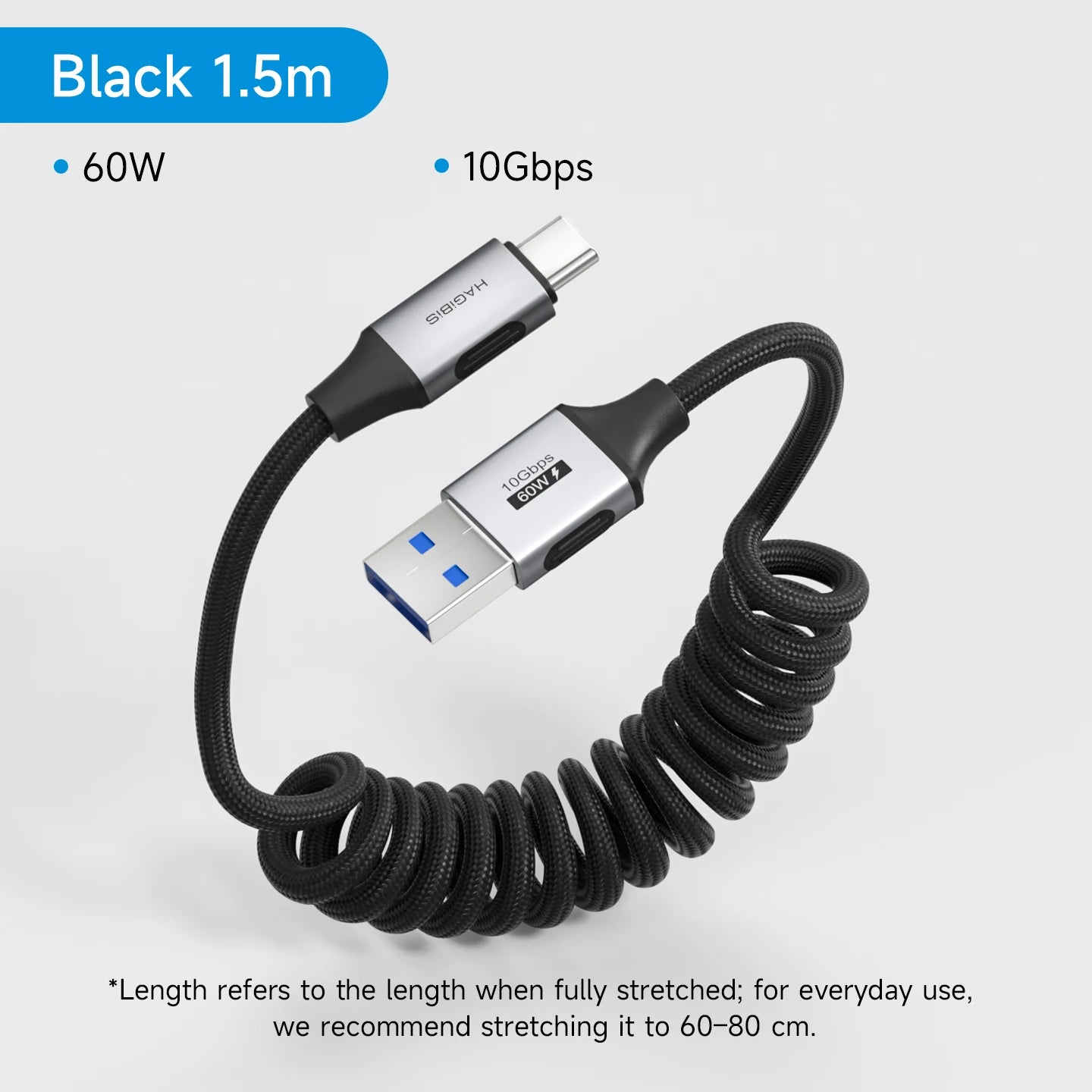 Hagibis USB 3.2 Coiled USB-A to USB-C Cable 10Gbps 60W