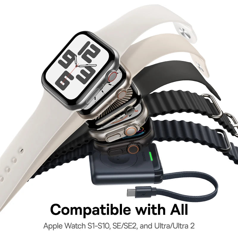 Smartwatch with multiple bands on a white background, displaying compatibility text.