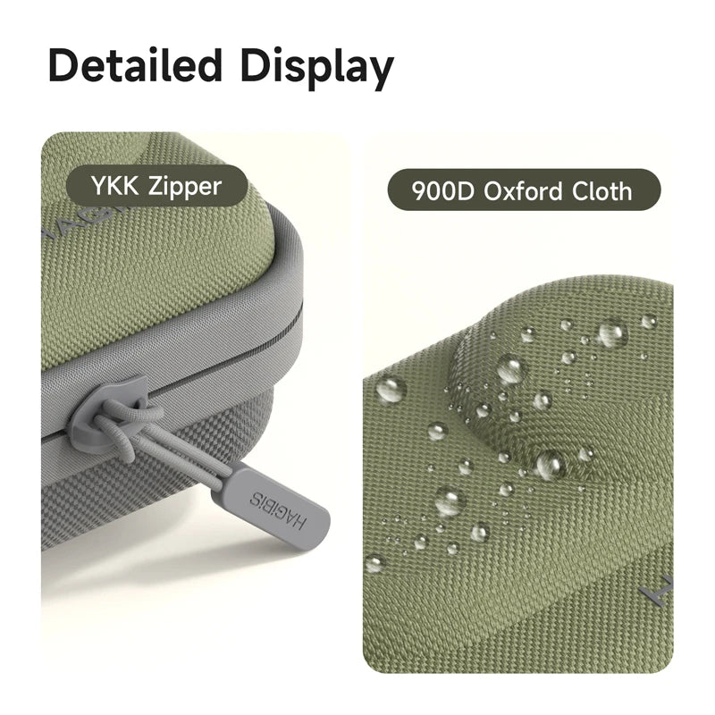 Green and gray bag with YKK zipper and 900D Oxford Cloth details on a white background.