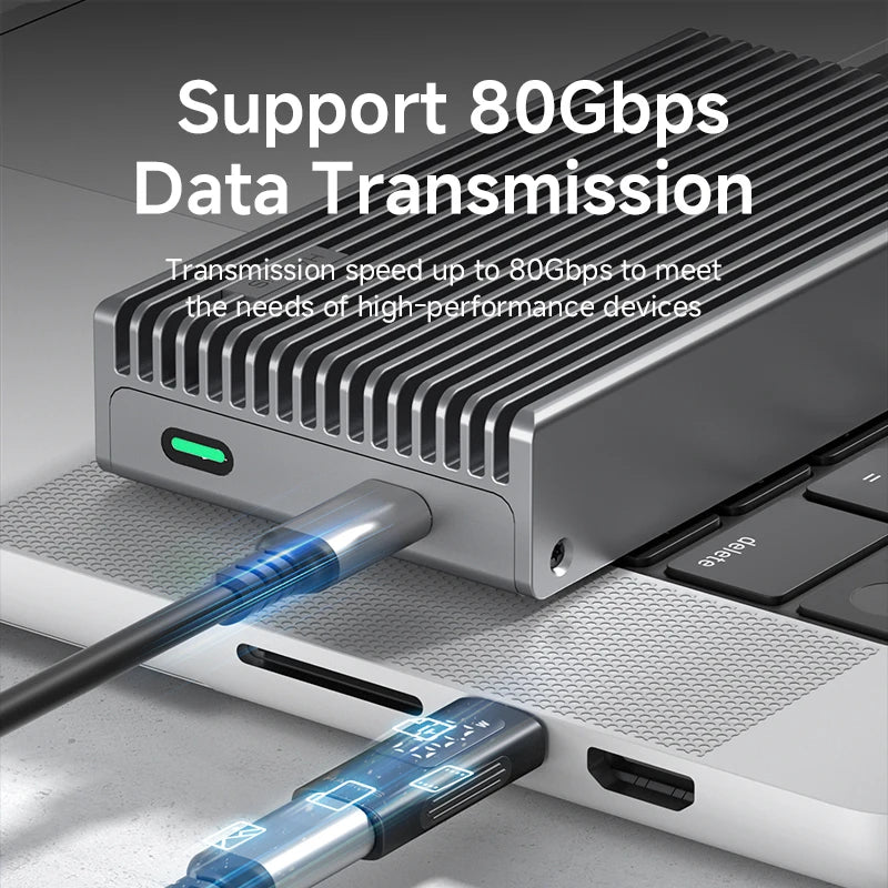 Computer hardware component with cable, showing support for 80Gbps data transmission.