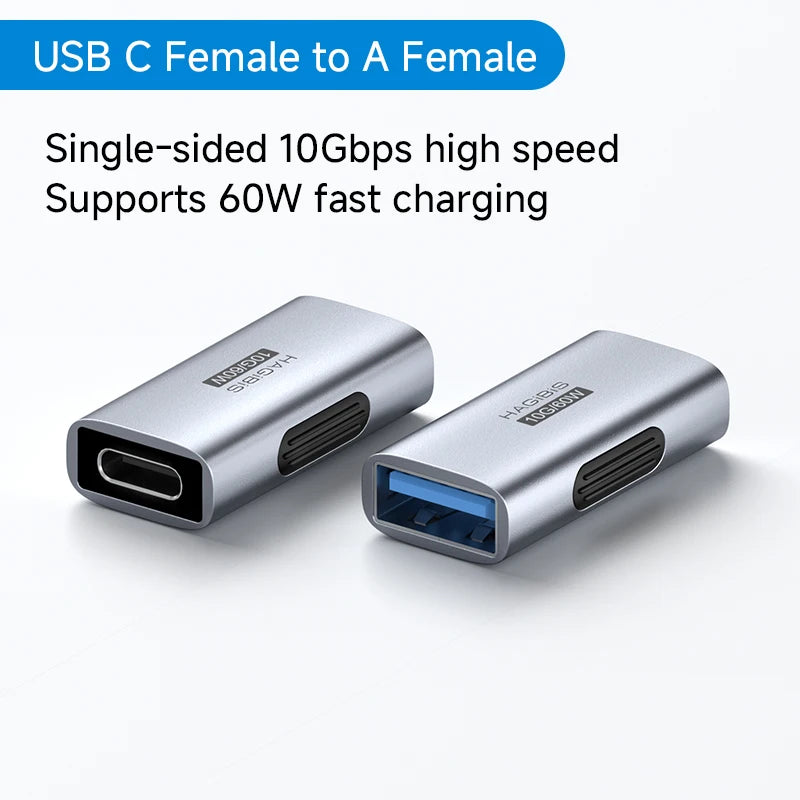 USB C Female to A Female adapter with specifications on a white background