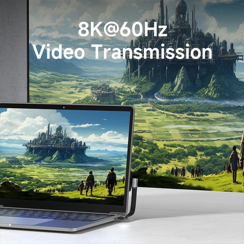 Laptop displaying a futuristic landscape with '8K@60Hz Video Transmission' text.
