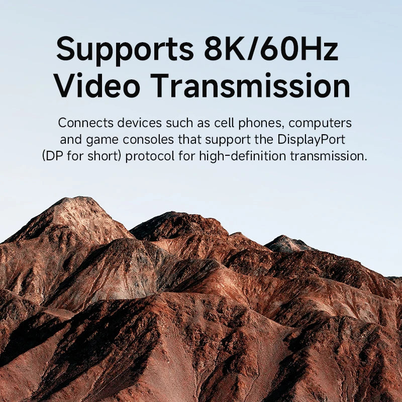 Text about 8K/60Hz video transmission over a mountainous landscape background