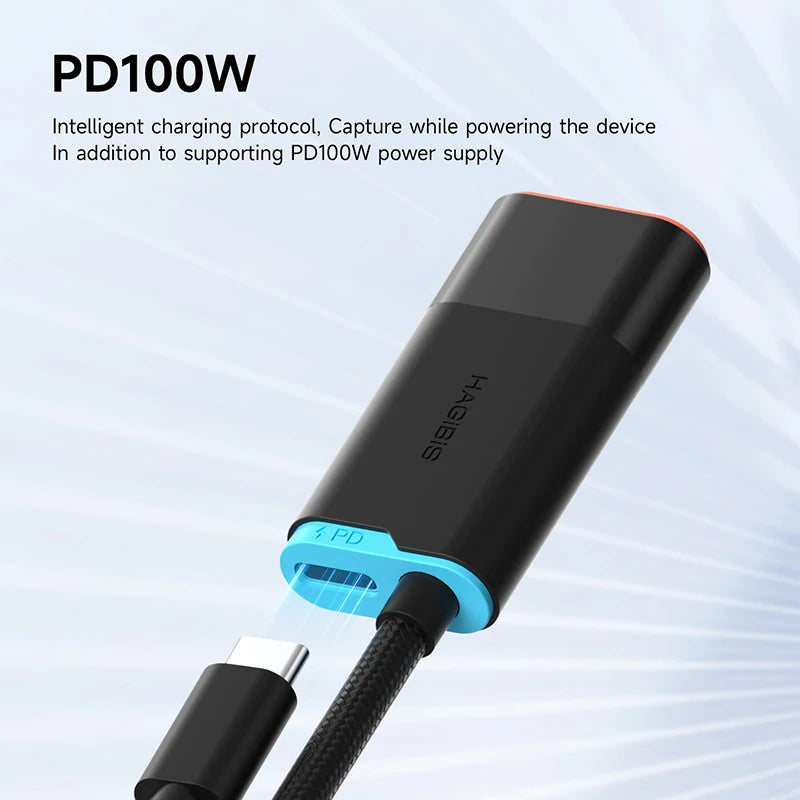 A black HAHB PD100W charging adapter with a light blue connector ring and a black braided cable, shown on a light blue graphic background with promotional text.