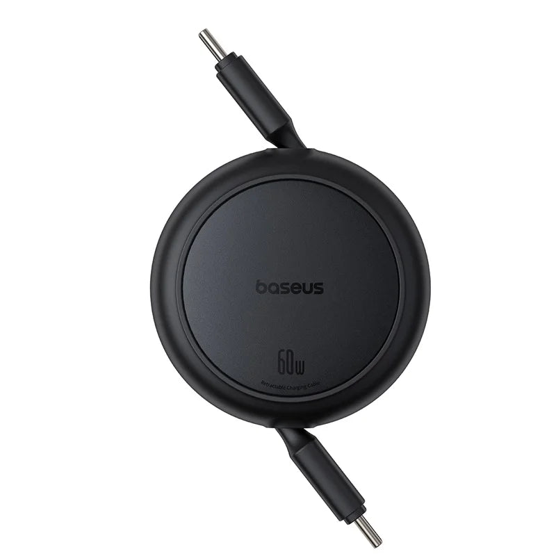 Black retractable USB cable with 'baseus' branding on a white background