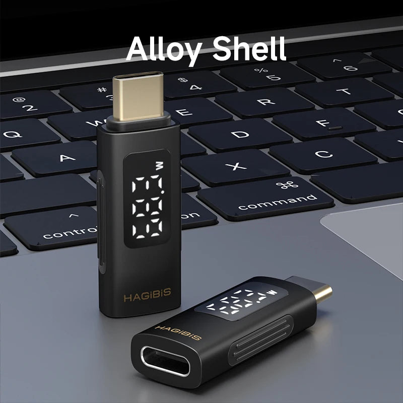 Two USB adapters with digital displays on a keyboard background, labeled 'Alloy Shell'.