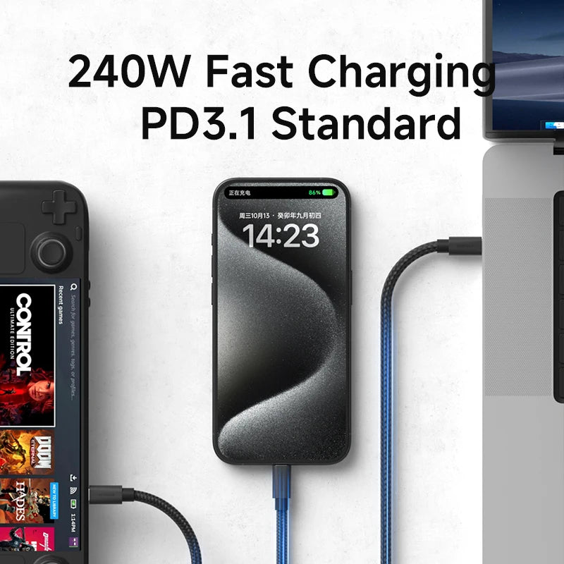 Phone with fast charging cable and gaming console on a white background.