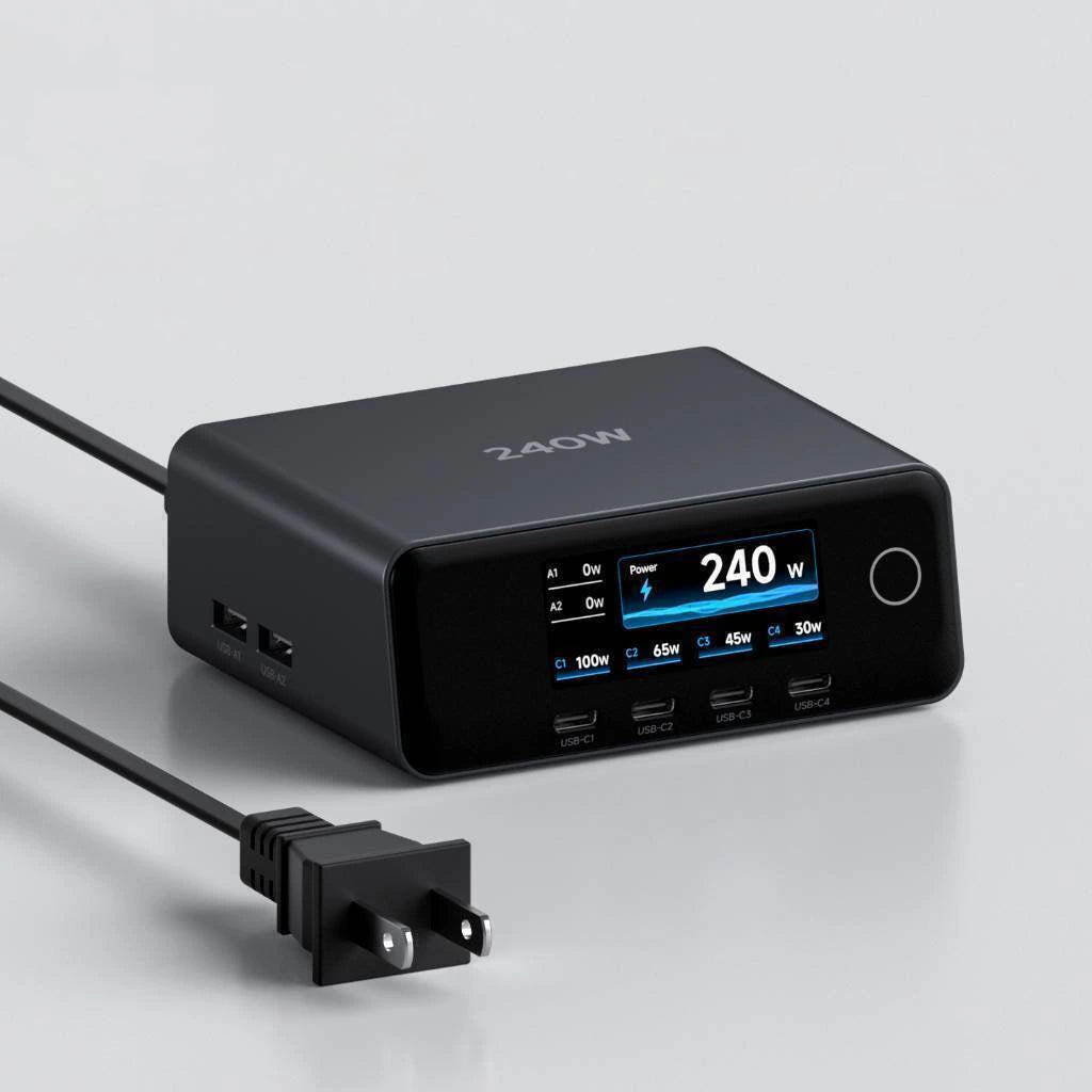 A 240W black multi-port USB charger with an illuminated digital display screen, shown with its power cord on a light gray background.