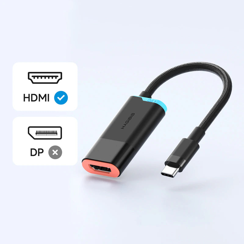 A black HDMI to USB-C adapter with a black braided cable, a cyan accent tab, and a coral-orange end cap. It is displayed on a light blue background with informational graphic overlays on the left indicating HDMI and DP support.
