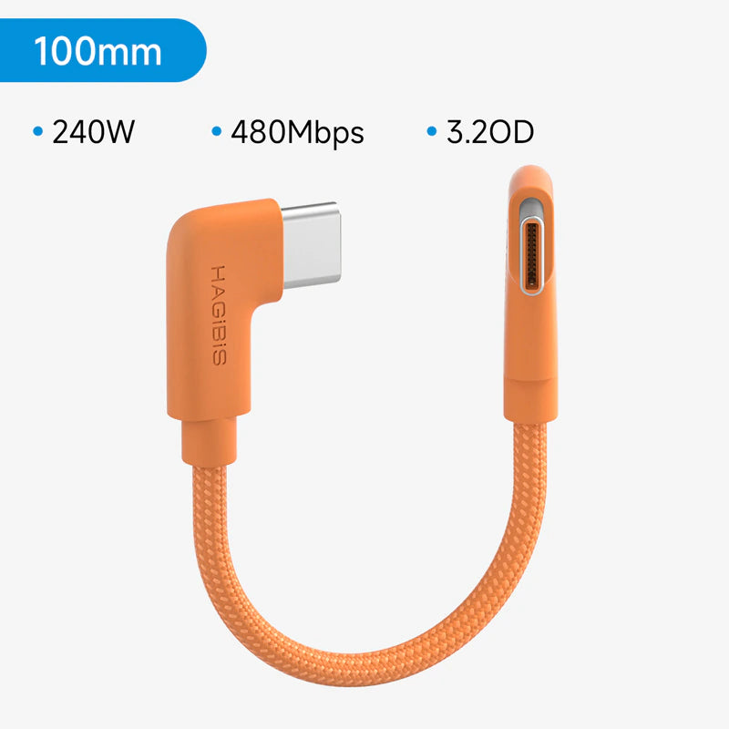 An orange braided USB-C to Lightning cable shown on a light gray background, with text callouts reading 100mm, 240W, 480Mbps, and 3.2D.