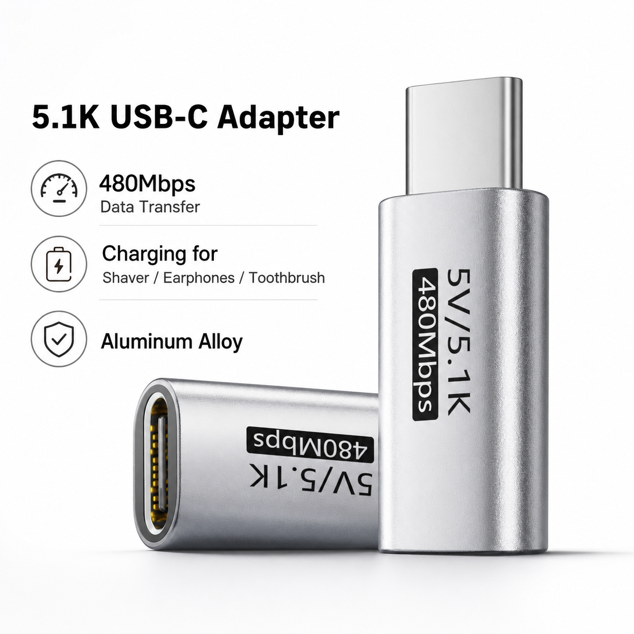 A 5.1K USB-C adapter shown in two views on a white background, with text listing features such as 480Mbps data transfer, charging for shavers, earphones, and toothbrushes, and aluminum alloy construction.