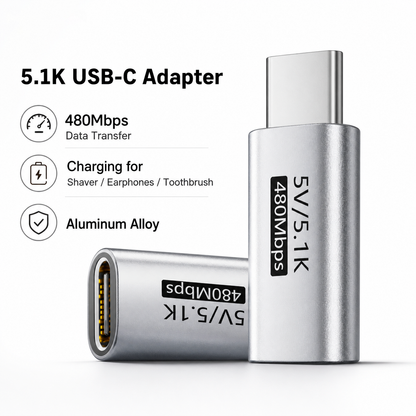 A 5.1K USB-C adapter shown in two views on a white background, with text listing features such as 480Mbps data transfer, charging for shavers, earphones, and toothbrushes, and aluminum alloy construction.