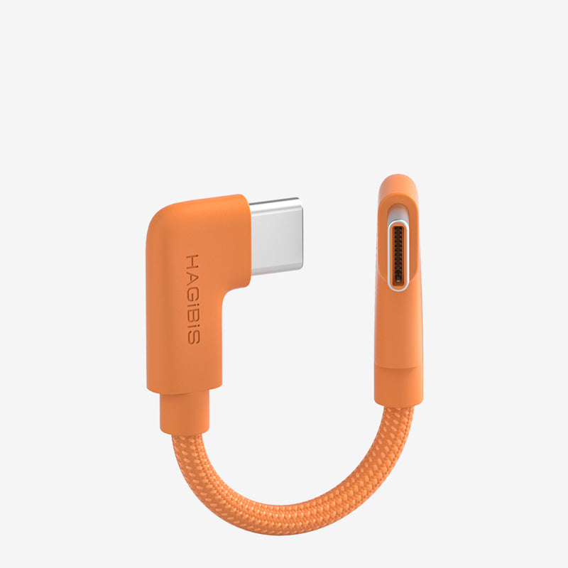 An orange HAGIBS USB-C to USB-C adapter cable with a braided orange cord and a silver USB-C connector, shown on a light gray background.