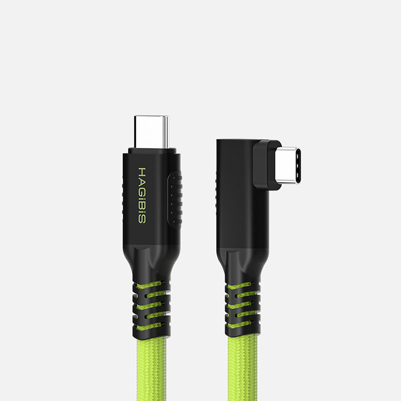 A Hagib USB-C to USB-C right-angle charging cable with a bright lime green braided strap and black connectors, shown on a light gray background.