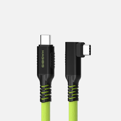 A Hagib USB-C to USB-C right-angle charging cable with a bright lime green braided strap and black connectors, shown on a light gray background.