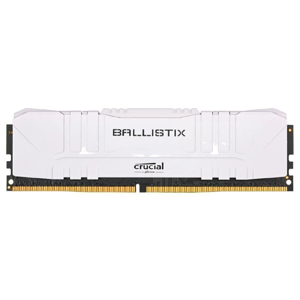 A single Crucial Ballistix RAM module with a white heat-sink memory chip, featuring a gold-plated RAM contact edge, shown against a plain white background.