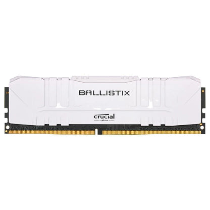 A single Crucial Ballistix RAM module with a white heat-sink memory chip, featuring a gold-plated RAM contact edge, shown against a plain white background.