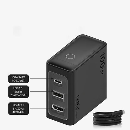 A black 100W USB-C power adapter with three ports, shown on a light gray background with feature callouts and a coiled cable. The text labels specify 100W MAX PD5.