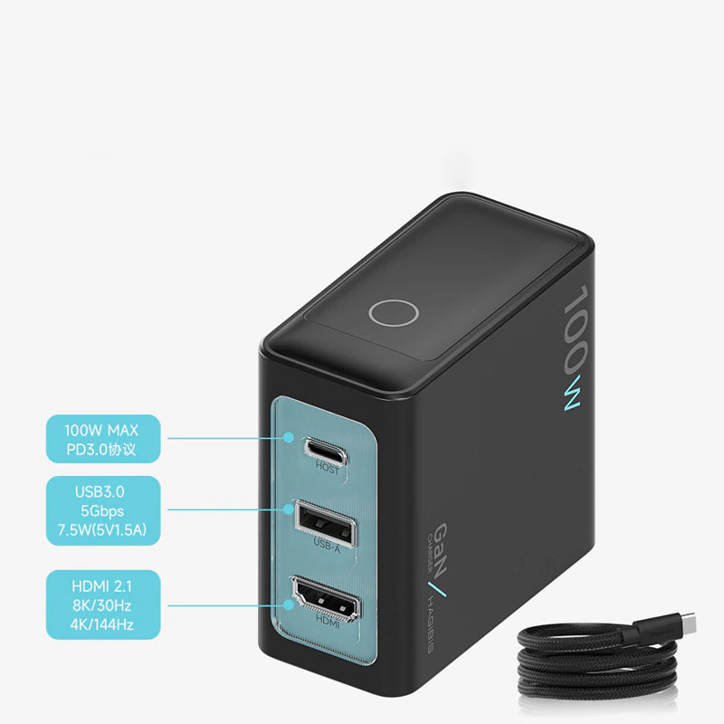 A black 100W portable power bank with a light blue front panel showing three ports, accompanied by a black cable and feature callout text boxes on a light gray background.