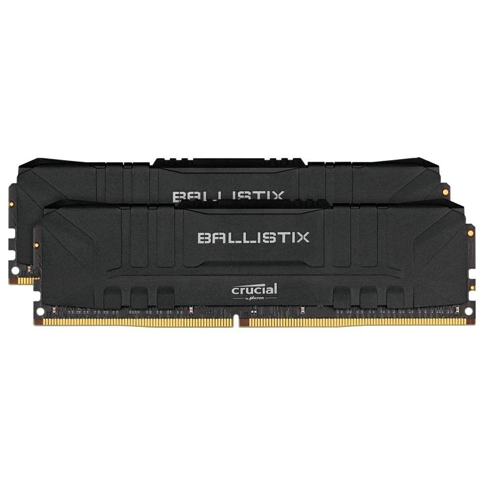 Two black Ballistix Crucial RAM modules with gold-plated gold memory pins, shown on a plain white background.