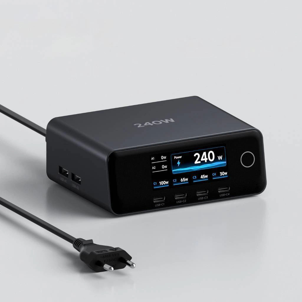 A 240W multi-port USB charger with a digital display screen showing power details, shown with its power cable on a light gray background.