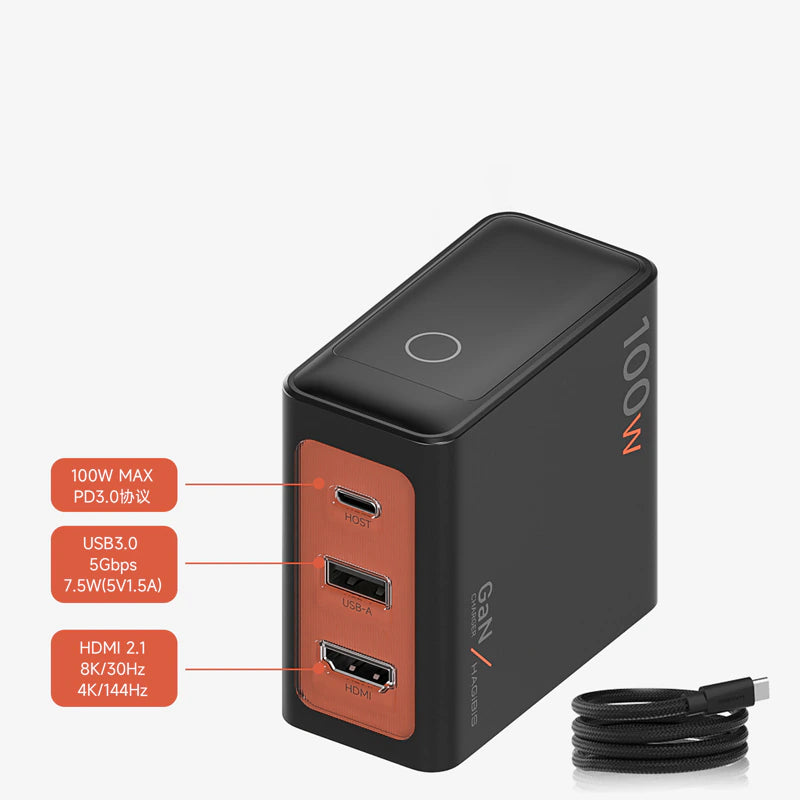 A black 100W portable power bank with orange accents on its front ports, shown on a light gray background with feature callouts and a black cable.