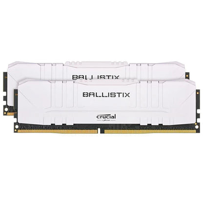 Two white Crucial Ballistix RAM memory modules with gold-plated contacts, shown against a plain white background.