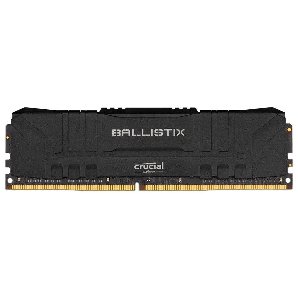A single Crucial Ballistix RAM module with a black heat spreader and gold-plated gold contacts, shown against a plain white background.