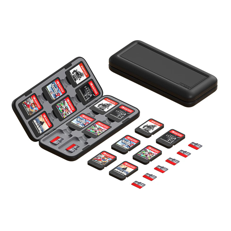 Nintendo Switch game cartridges displayed in an open black hard case, with additional cartridges and two microSD cards arranged beside it, and a closed black case shown above on a white background.