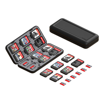 Nintendo Switch game cartridges displayed in an open black hard case, with additional cartridges and two microSD cards arranged beside it, and a closed black case shown above on a white background.