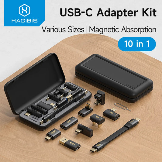 10-in-1 USB-C adapter kit with magnetic absorption on a wooden surface, featuring HAGIBIS branding.