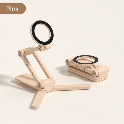 Wooden phone stand with ring light on a white background