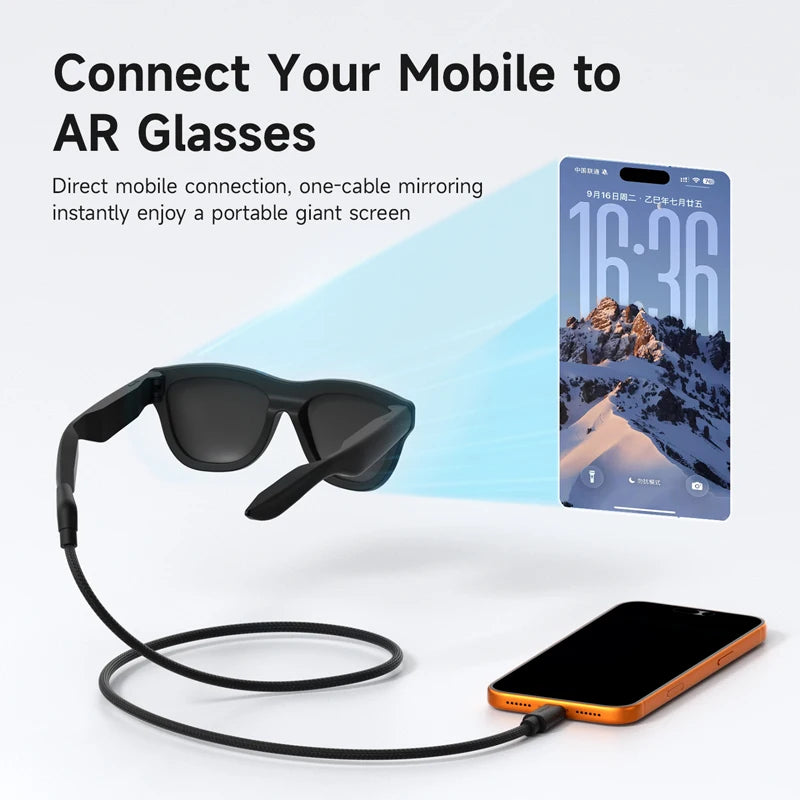AR glasses connected to a smartphone with text on screen
