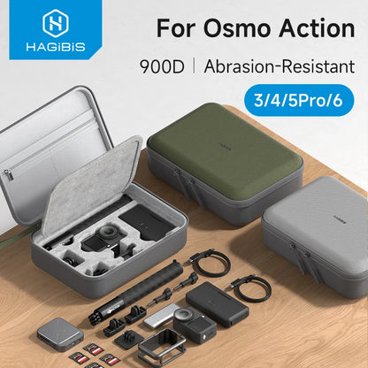 Hagibis camera case for Osmo Action on a wooden surface with accessories displayed.