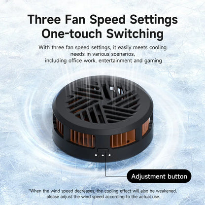 Black fan with text about three fan speed settings and one-touch switching on a light blue background.
